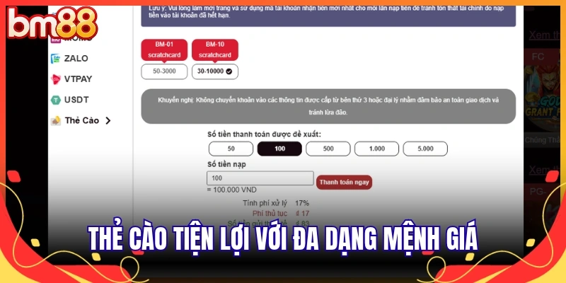 Thẻ cào tiện lợi với đa dạng mệnh giá